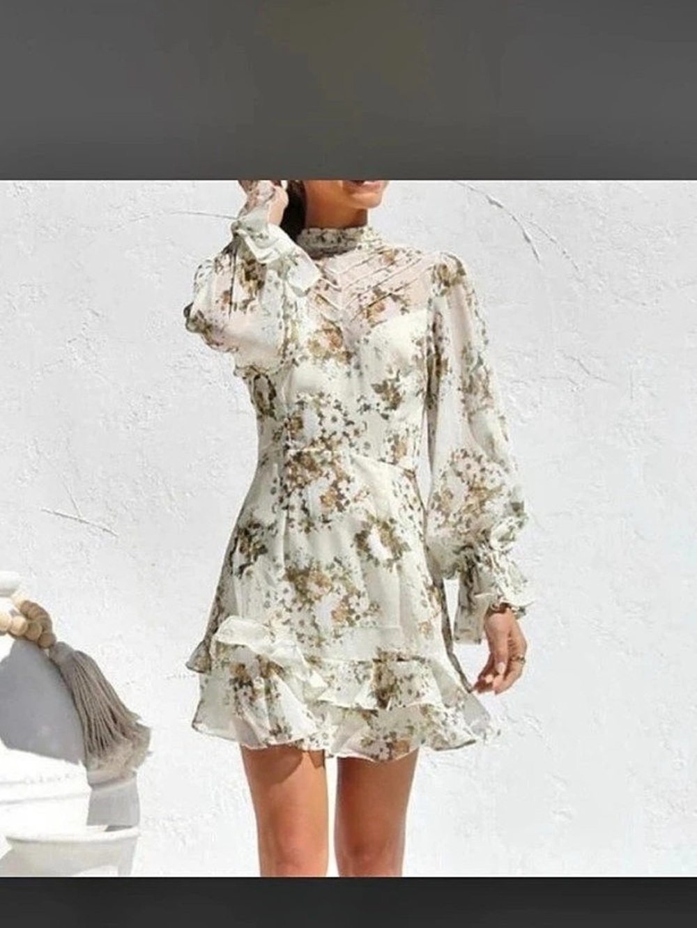 petal + pup Everlyn Long Sleeve Mini Dress Floral Mini Dress White & Brown Small